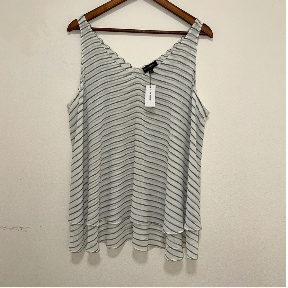 Lane‎ Bryant Striped Tiered Tank Top Womens 16 White Grey NEW Chiffon V-Neck